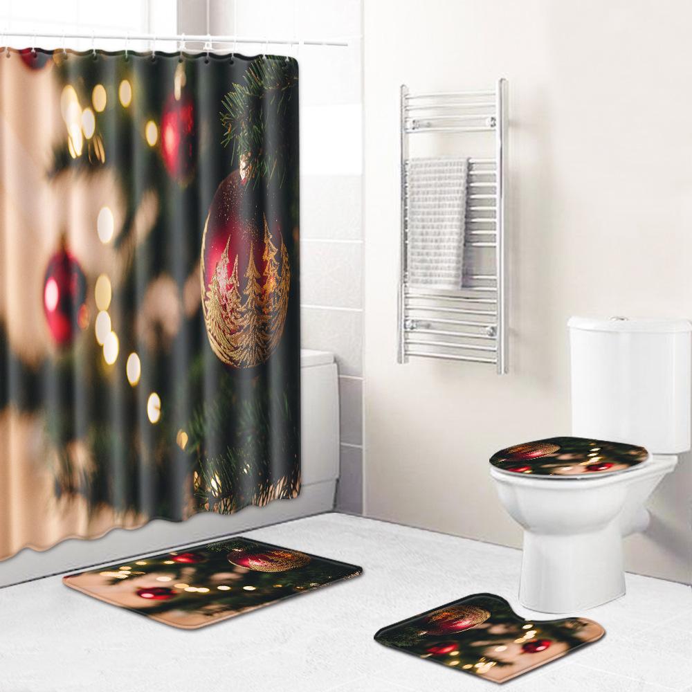 Christmas Elements Bathroom Shower Curtain Floor Mat Toilet Cover Foot Mat Four-Piece Pattern Size