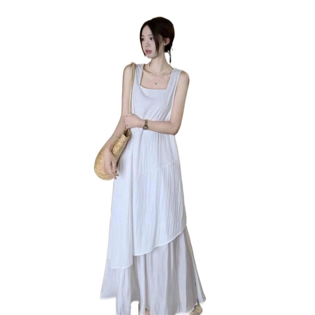 Elegant White Irregular Patchwork Spaghetti Strap Tank Dress