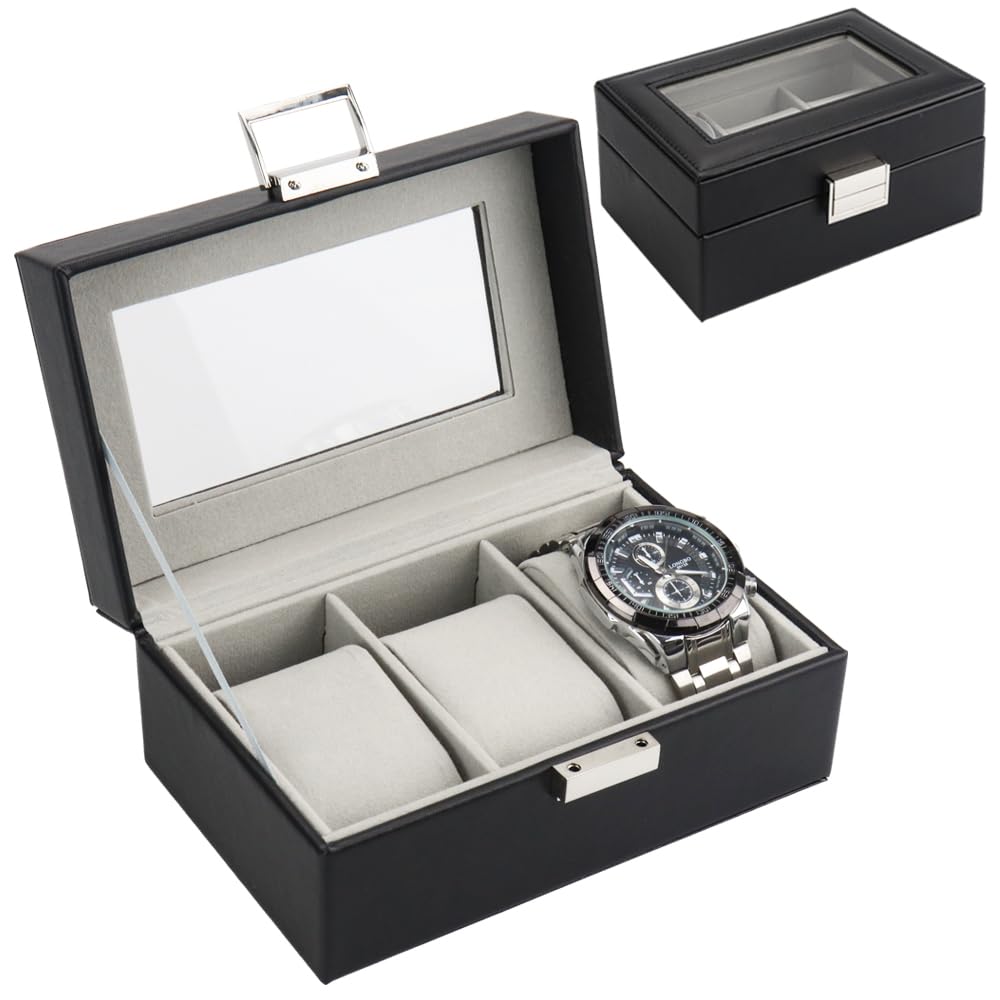 

Watch Collection Case, Stain-Resistant, Durable, Locking Function (Black, Holds 3 Watches)