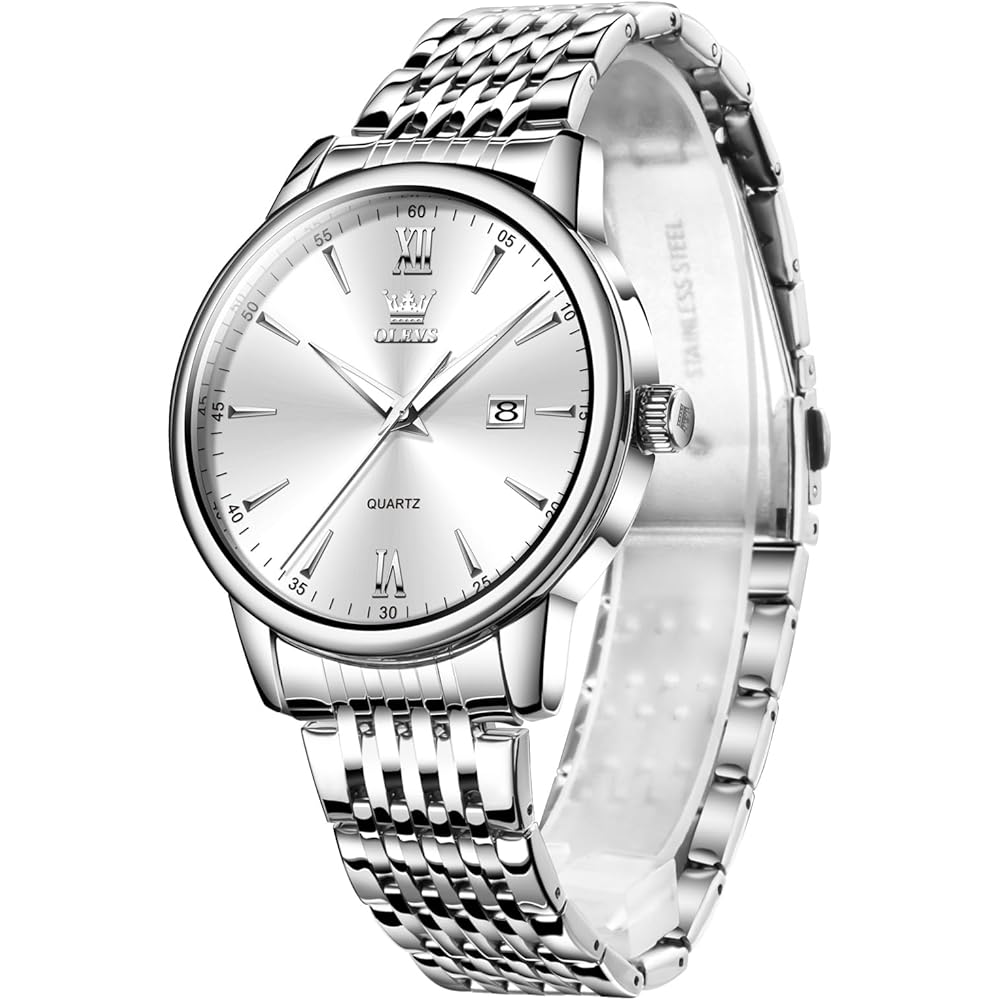 OLEVS Men s Stylish Silver Waterproof Watch Analog Quartz Date Business Stainless Steel Band White Dial