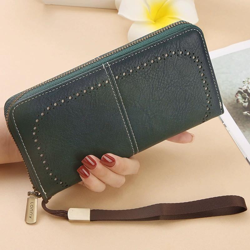 Women Hollow Zipper Wallet Leather Clutch Retro Female Hollow Organ Card Bag Large Capacity Long Mobile Phone Card Holder