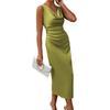 Women Olive Green Satin Cowl Neck Sleeveless Ruched Waist Bodycon Midi Dress