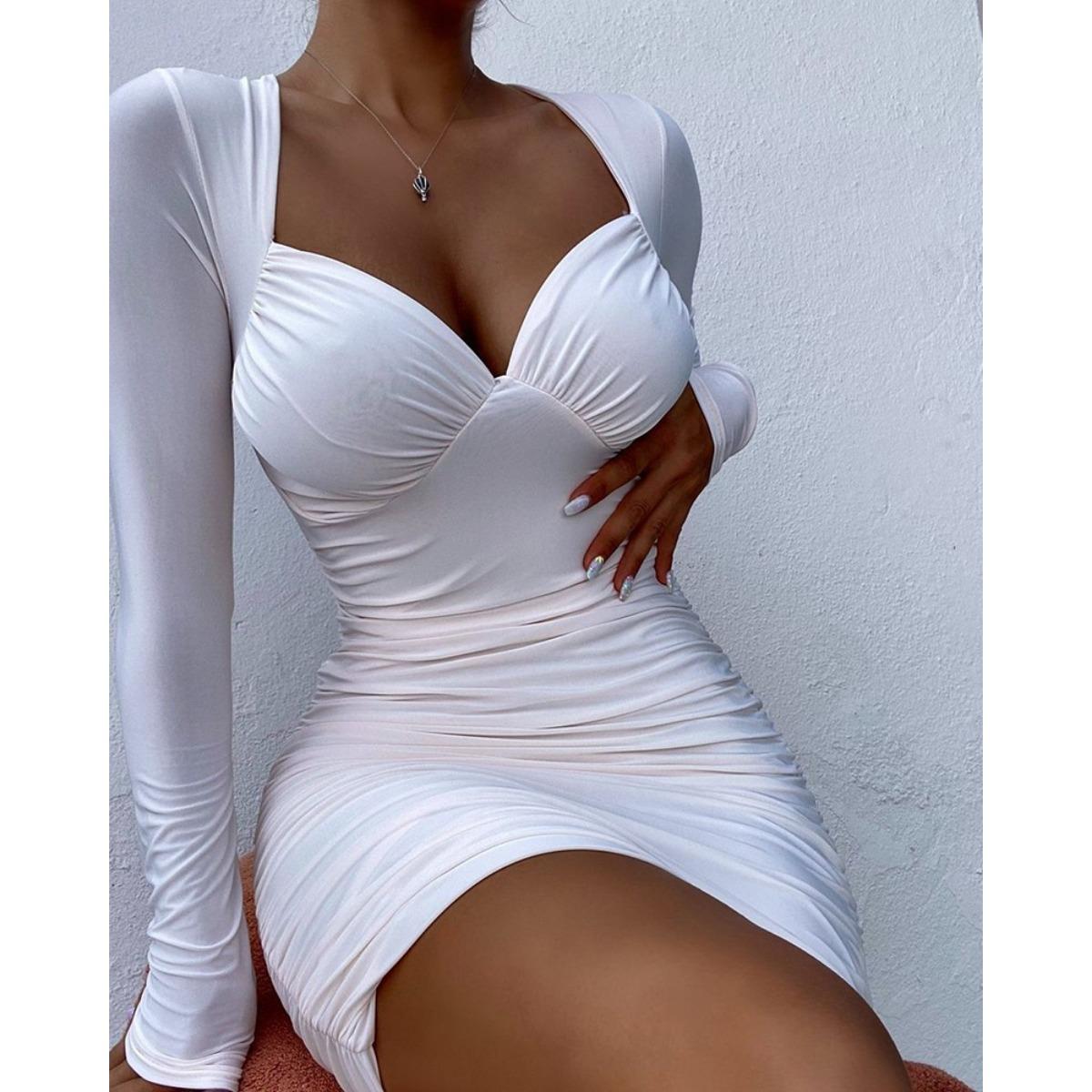 Fall New Women s Dress, European & American Style Fashion Long Sleeve V-neck Low Cut Sexy Slim Bodycon Printed Dress S белый
