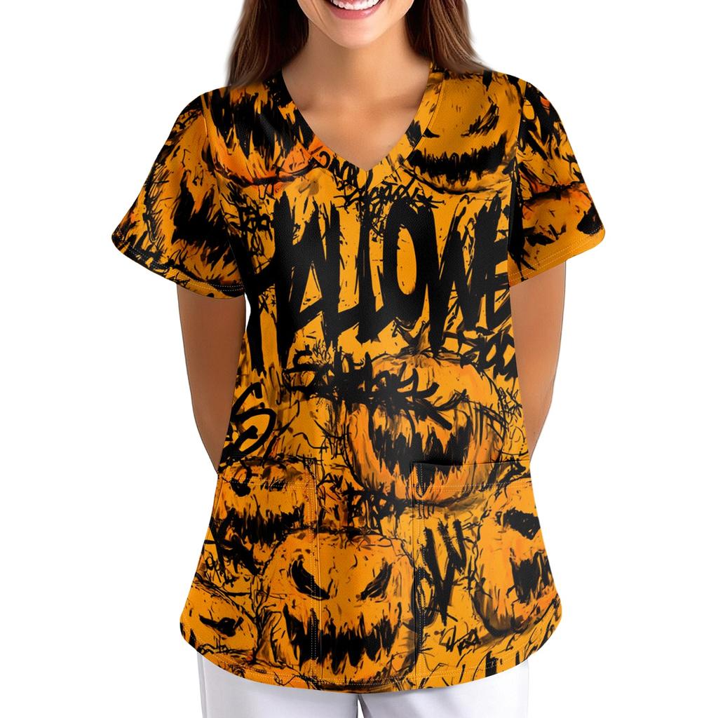 Women's Halloween Print Costume V-Neck Short Sleeve Loose Fit with Pockets