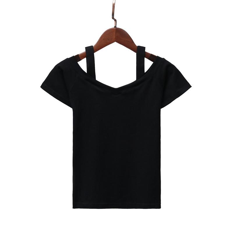 Chic Summer Black Sweet Shoulder Suspender Short Sleeve T-Shirt Women's Shoulder Sexy Top Collarbone