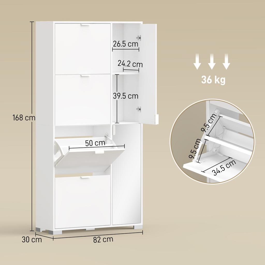 Shoe Rack with Mirror, 4 Flap Drawers, White