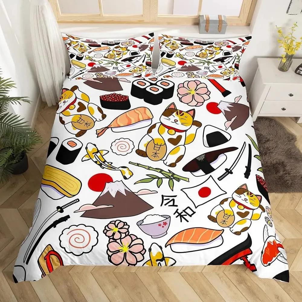 Lucky Cat Duvet Cover Set Japanese Style Hokusai Wave Pattern Bedding Sets Exotic Red Torii Gate Sun Decor Comforter Cover Set