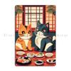 Sushi Chef Cat Funny Restaurant Kitty Japanese Food Cute Kawaii Black Cat Eating Sushi Metal Printing Wall Bar Tin Sign Poster