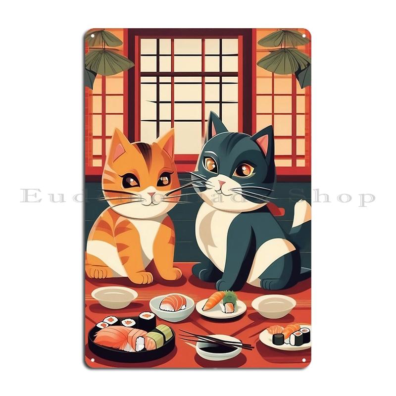 Sushi Chef Cat Funny Restaurant Kitty Japanese Food Cute Kawaii Black Cat Eating Sushi Metal Printing Wall Bar Tin Sign Poster