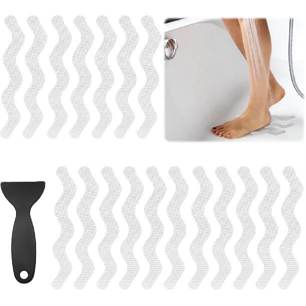 24PCS Bathtub Non Slip Stickers Blue Safety Anti Slip Shower Strips Adhesive Decals Scraper for Bath Tub Stairs Steps Floor Ladders with Premium