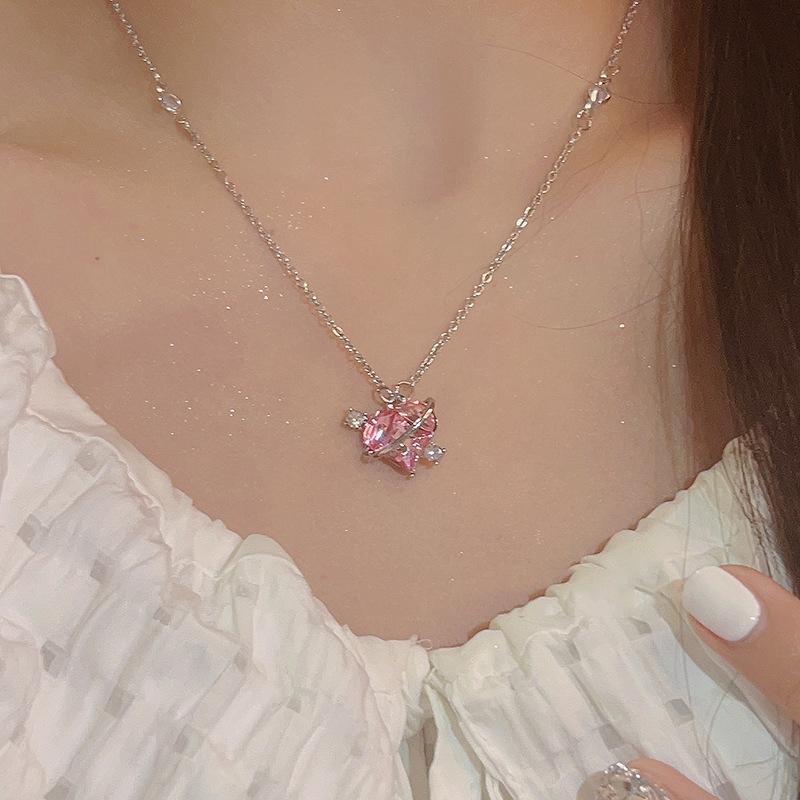 Y2K Trend Pink Planet Heart Zircon Necklaces Women Charm Aesthetic Clavicle Chain Pendent Necklace Party Jewelry Gifts