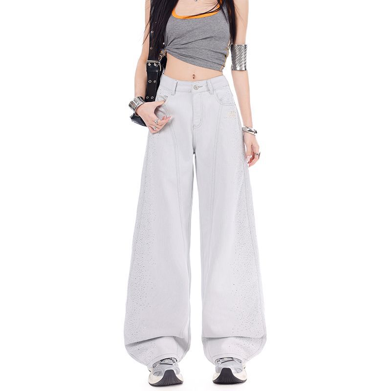 Early Spring Full Star Rhinestone Raised Side Seam Relaxed Floor Wide Leg Denim Pants For Women Casual Pants Oversize Denim Trousers