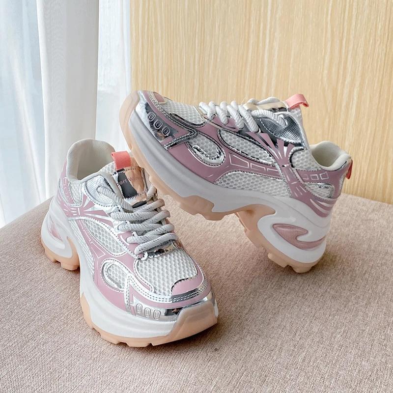 BKQU Sports Shoes for Women Mesh Lace-up Thick-soled Shoes  Spring Breathable Womens Thick-soled Shoes for Women