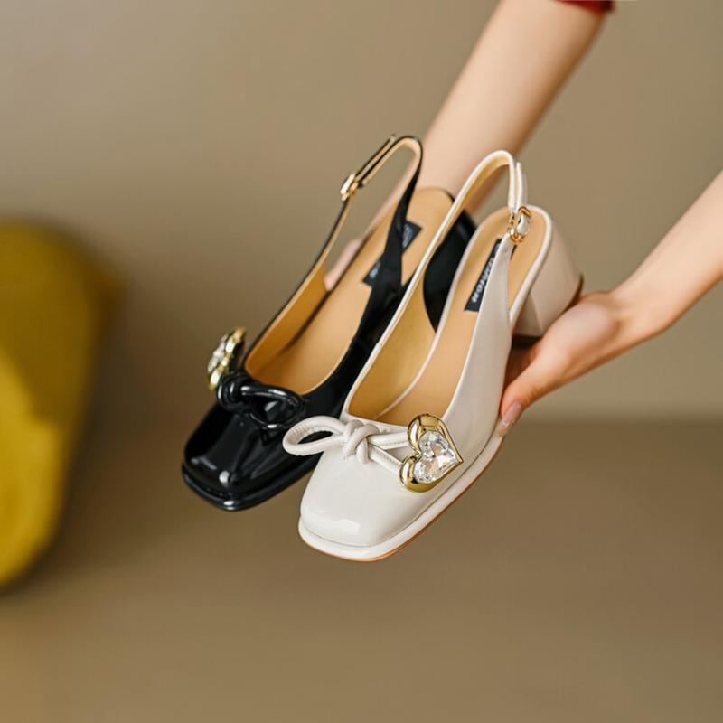 Fashion NEW Summer Women Sandals Patent Leather Shoes for Women Square Toe Chunky Heel Shoes Elegant Cover Toe Slingback Heart Sandals