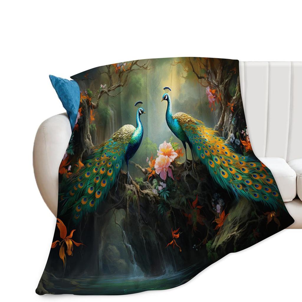 Peacock Pattern Collection Digital-printed Polyester Bedroom Velvet Flannel Cover Blanket Fleece Soft Cover Blankets for Beds