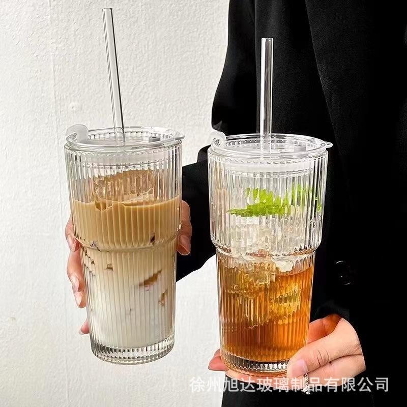 High Value Simple Juice Coffee Cup Vertical Stripe Glass Water Cup Large Capacity Stacked Cup With Lid Straw