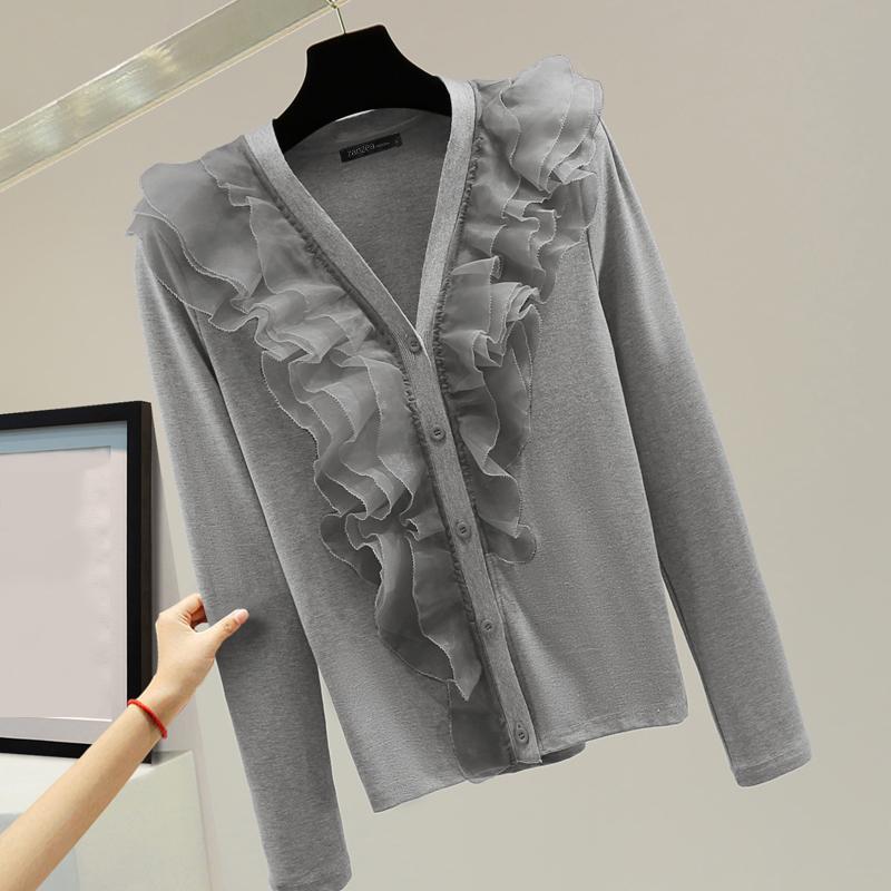 

ZANZEA Женская мода V-образный вырез длинный рукав пэчворк оборки вязаный свитер кардиганы 2XL серый