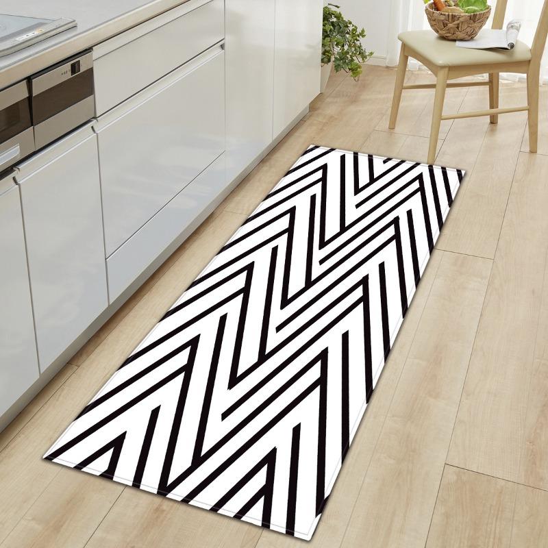 Long Kitchen Mat Black White Gray Distressed Geometric Plaid Theme Anti Slip Floor Mat Soft Wear Resistant for Kitchen Decor
