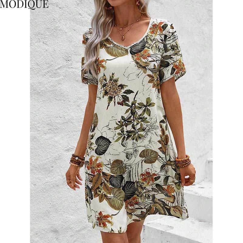 MODIQUE 2025 Summer New Women's Casual Flowers And Plants Print Meah Short Dress Ladies Retro A-Line V-Neck Dress