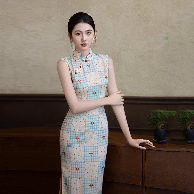 Plaid Sleeveless National Style New Chinese Daily Suzhou Long Cheongsam Improved Young 1011 New Women's High Sense