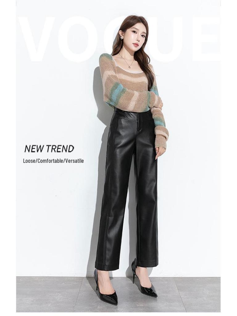 Haining Women's 2025 High-Waist Leather Pants: Slimming, Wide-Leg, Pure Sheepskin, Casual Style
