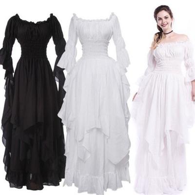 Women Ball Gown Off Shoulder Gothic Long Horn Sleeves Irregular Layered Pleated Elastic Tight Waist Solid Color Retro Renaissance Party Prom