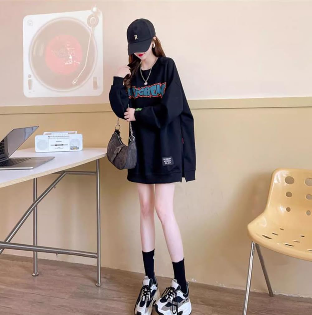JIYUTOR Long Sleeve Loose Round Neck Pullover Plus Oversized English Stylish Korean Loose Fleece Size Women's Sweatshirt, Fit, Hoodie, Size,