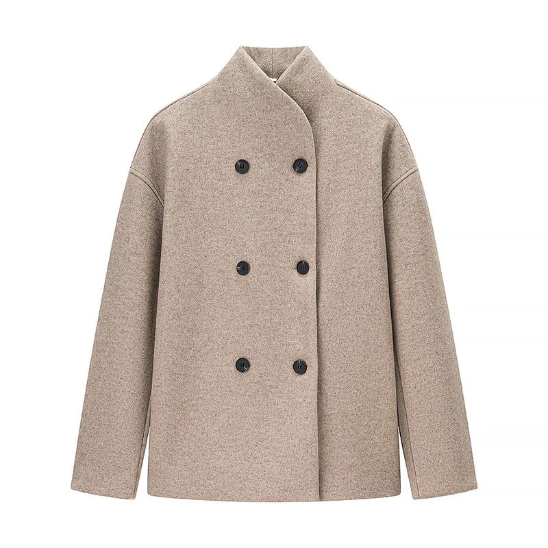Autumn New Women's Clothing Korean Style Minimalist Stand Collar Long Sleeves Loose Double Breasted Short Woolen Overcoat Outwear