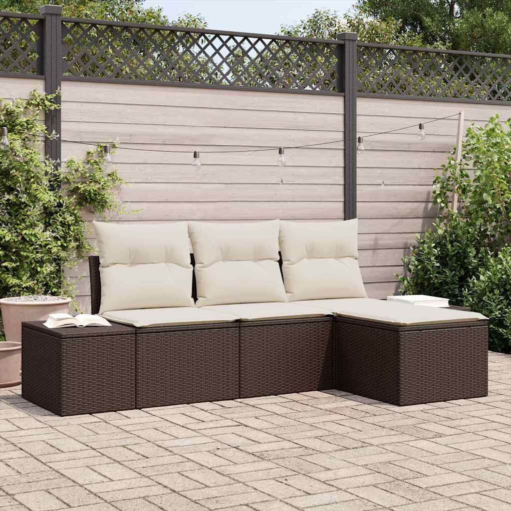 4 Piece Brown Poly Rattan Sofa Set with Cushions
