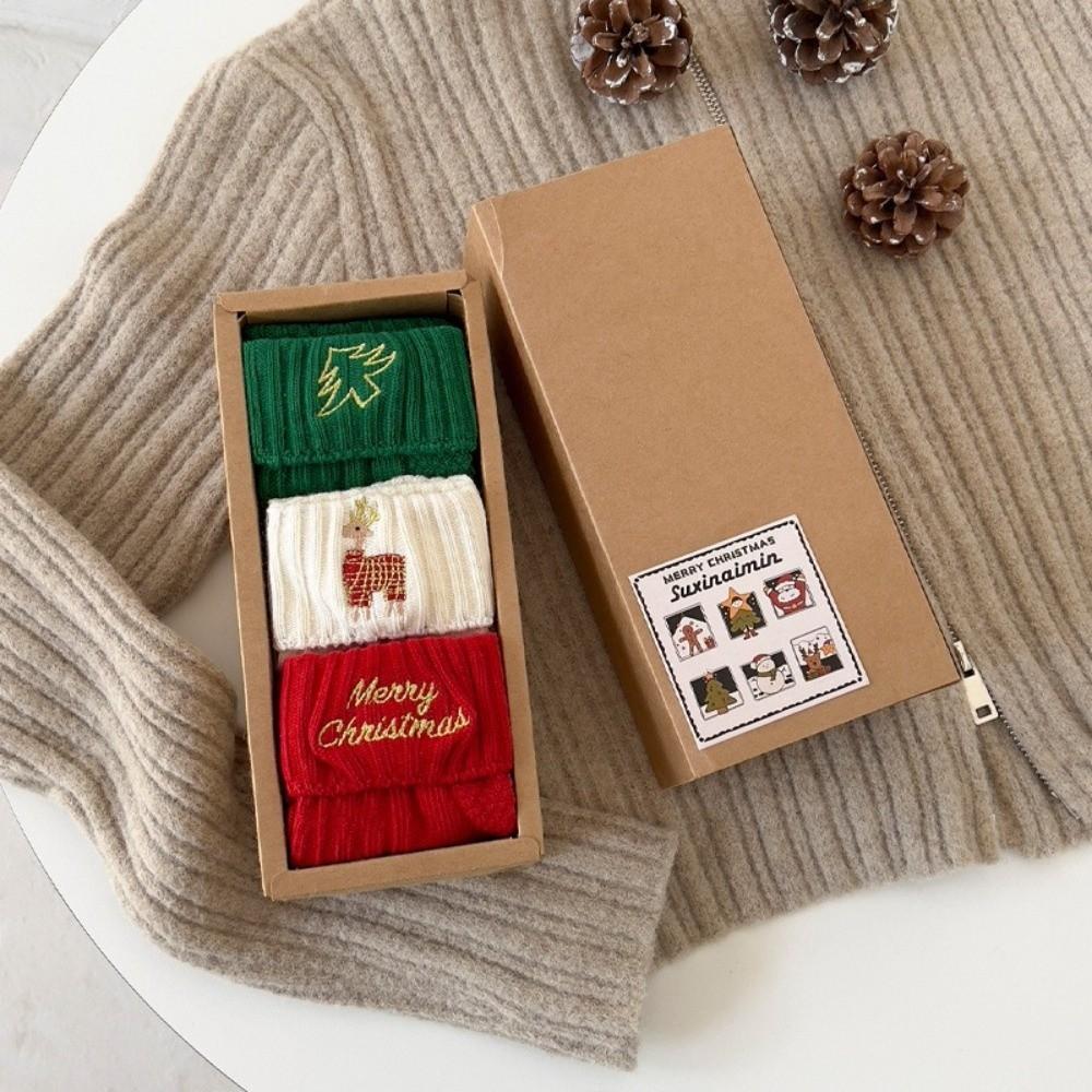 3Pairs Cute Embroidery Cotton Socks Santa Reindeer Pattern Mid-Tube Socks Christmas Party