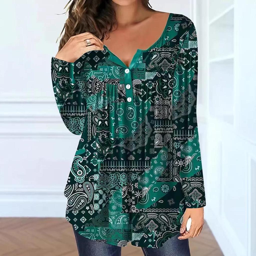 Elegant Plus Size Paisley V-Neck Button Top for Women