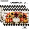 4/6pcs, Black And White Checkered Border, Pumpkin, Sunflower, Maple Leaf, Pinecone Pattern Placemats, Autumn Theme Table Mats, Suitable for Halloween
