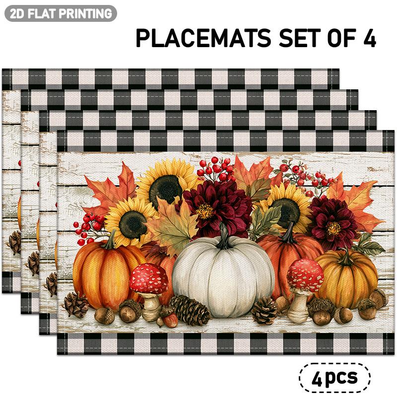 4/6pcs, Black And White Checkered Border, Pumpkin, Sunflower, Maple Leaf, Pinecone Pattern Placemats, Autumn Theme Table Mats, Suitable for Halloween