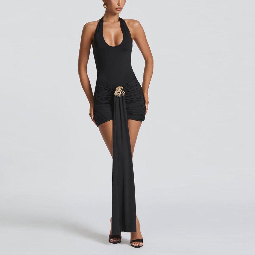 European & American Style 2025 Summer Women's Slimming Backless Solid Color Halter Bodycon Dress