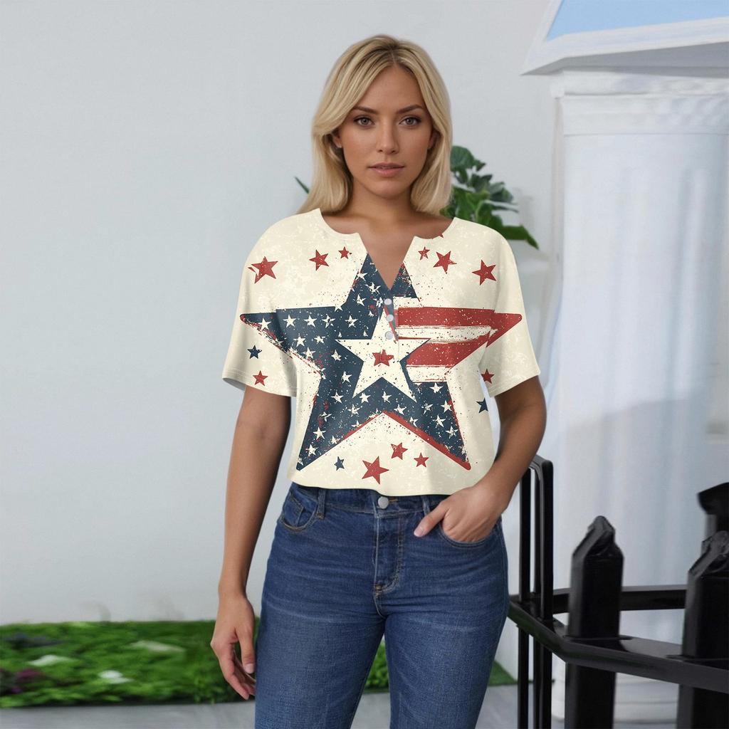 Women's T Shirt Tee Print Button Short Sleeve Daily Weekend Fashion Basic V- Neck Regular Top