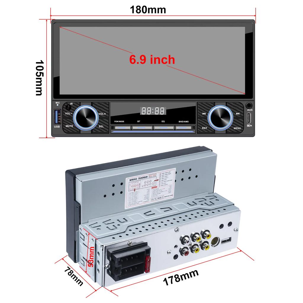 TOYOUSONIC 1Din Car Radio For Universal MP5 Multimedia Player 6.9 Inch HD Touch Screen Support Carplay Mirror Link BT SWC Stereo