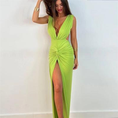 Women Elegant Summer Sleeveless Sexy Deep V-Neck Ruched Slit Maxi Dress