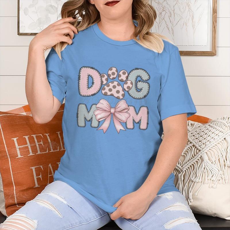 Dog Mom Graphic Crew Neck T-Shirt For Women CasualTee With Short Sleeves Pink Bow Paw Print Design Perfect For Mother's Day
