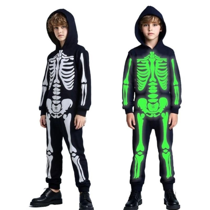Kids Glowing Skeleton Costume Halloween Party Outfit With Breathable Polyester Breathable Cosplay Clothing for Kids