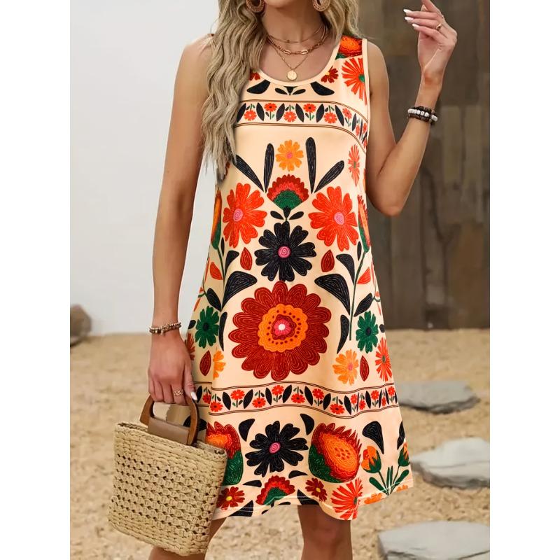 

Пляжное платье-майка с цветочным принтом в богемном тропическом стиле, без рукавов, с круглым вырезом, для летнего отпуска - Яркий оранжево-синий дизайн S