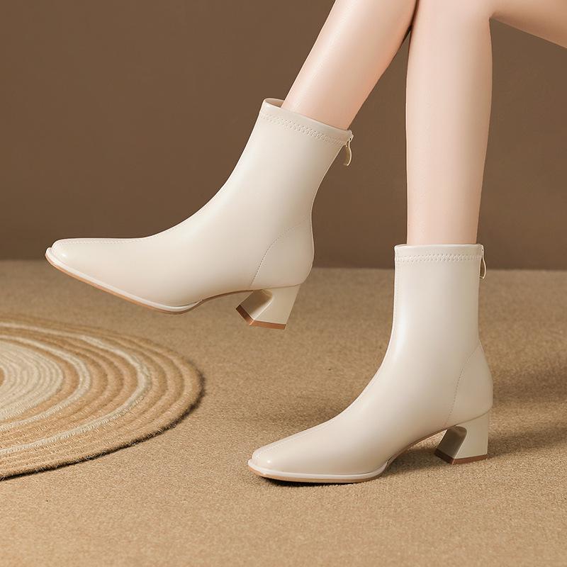 2024 Dame Hvite Martin Ankelstøvletter: Kraftig hæl, Britisk stil, Slankende, Fleecefôret for vår og høst