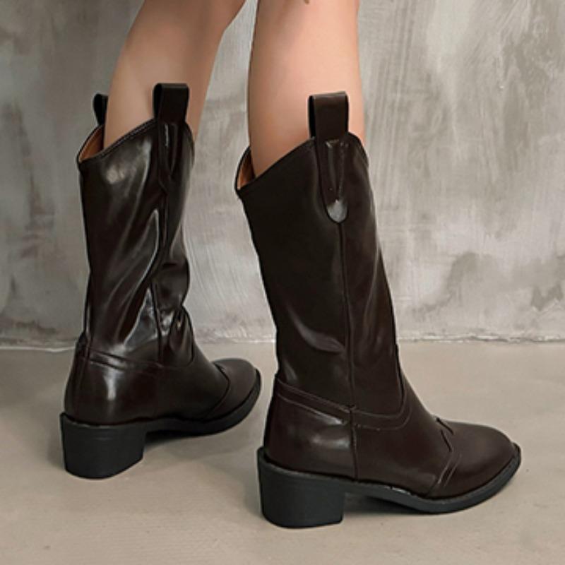 Pointed Toe Women High Boots Designer Chunky Leather Shoes Winter 2025 Trend Goth Pumps Shoes Fad Mid Calf Chelsea Botas Mujer