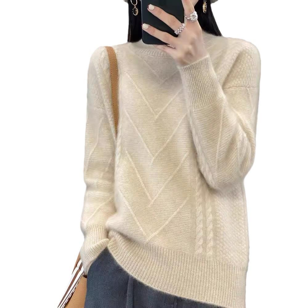 Women's 100% Wool Knitted Sweater - Autumn/Winter, Thick, Semi-High Neck, Lazy Style