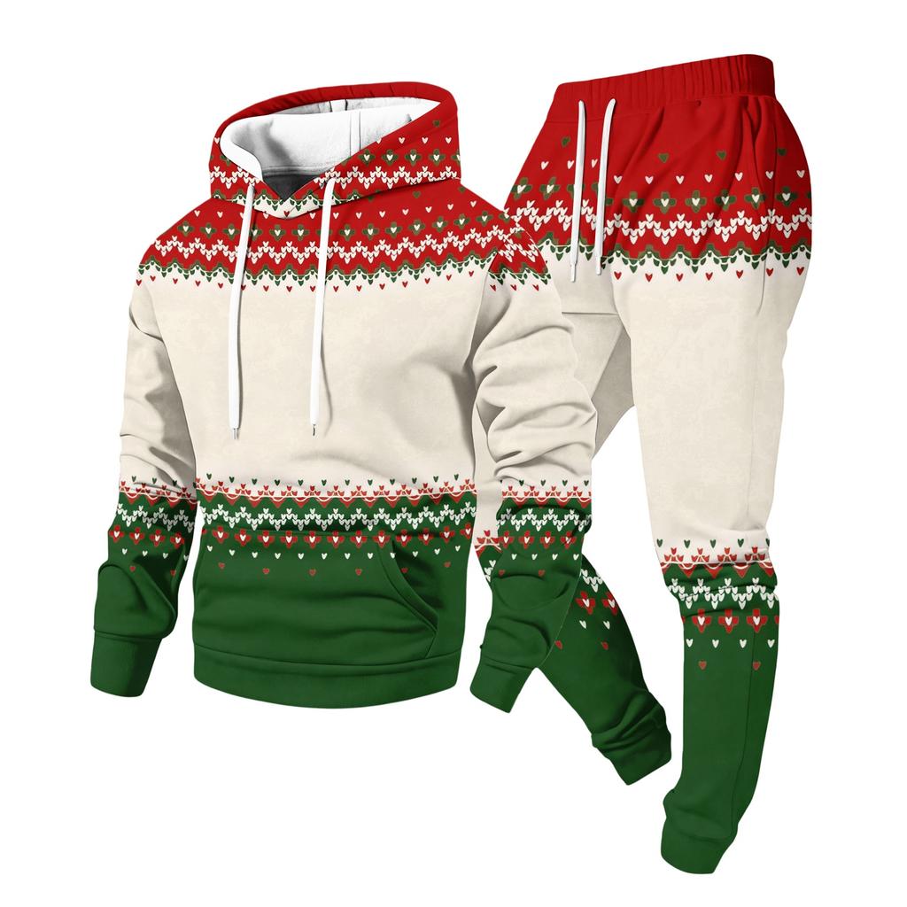 Men's Casual Christmas Print Hoodie and Straight-Leg Sweatpants Two-Piece Set for Holiday Celebration