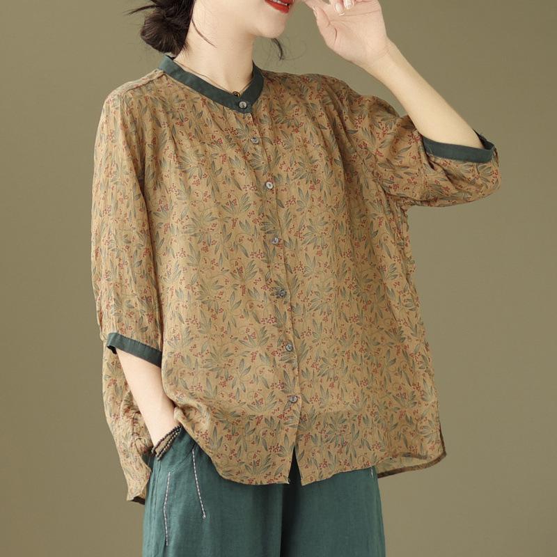 2026 Korean-Style Plus Size Slimming Retro Print Cotton-Linen Two-Piece Summer Set for Women