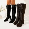 Women's Retro 2025 New Waterproof Platform Long Leg Boots Small Lace-Up Suede Platform Super Heels