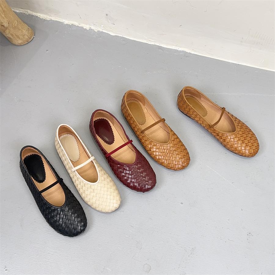 Johnature Retro-Schuhe aus handgefertigtem Echtleder mit Webmuster, flache, runde Zehenpartie, weiche Sohle, Damen-Schlupfschuhe
