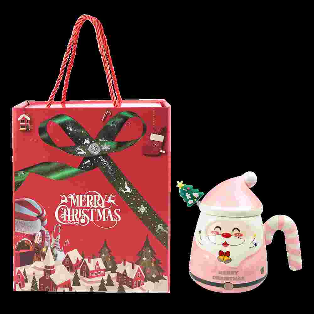 

KEPEAK Christmas Santa Claus Ceramic Mugs with Lids and Spoons Animal Print Portable BPA-Free Festive Coffee Cups Set for Gifts 401-500ml розовый