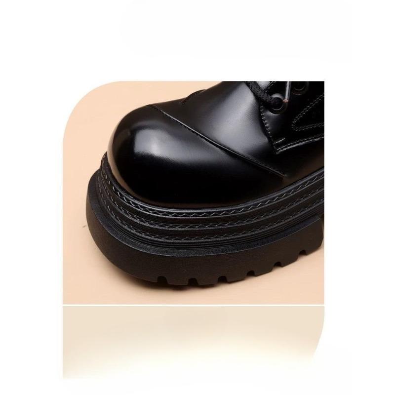 Sapatos de Couro de Sola Grossa para Aumento de Altura para Mulheres, Sapatos Retrô com Cabeças Grandes