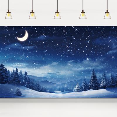 Céu Estrelado de Natal Lua Floresta de Pinheiros Cenário Decoração de Natal Fundo Inverno Decorações Para Estúdio Fotográfico Cabine de Fotos Festa de Natal